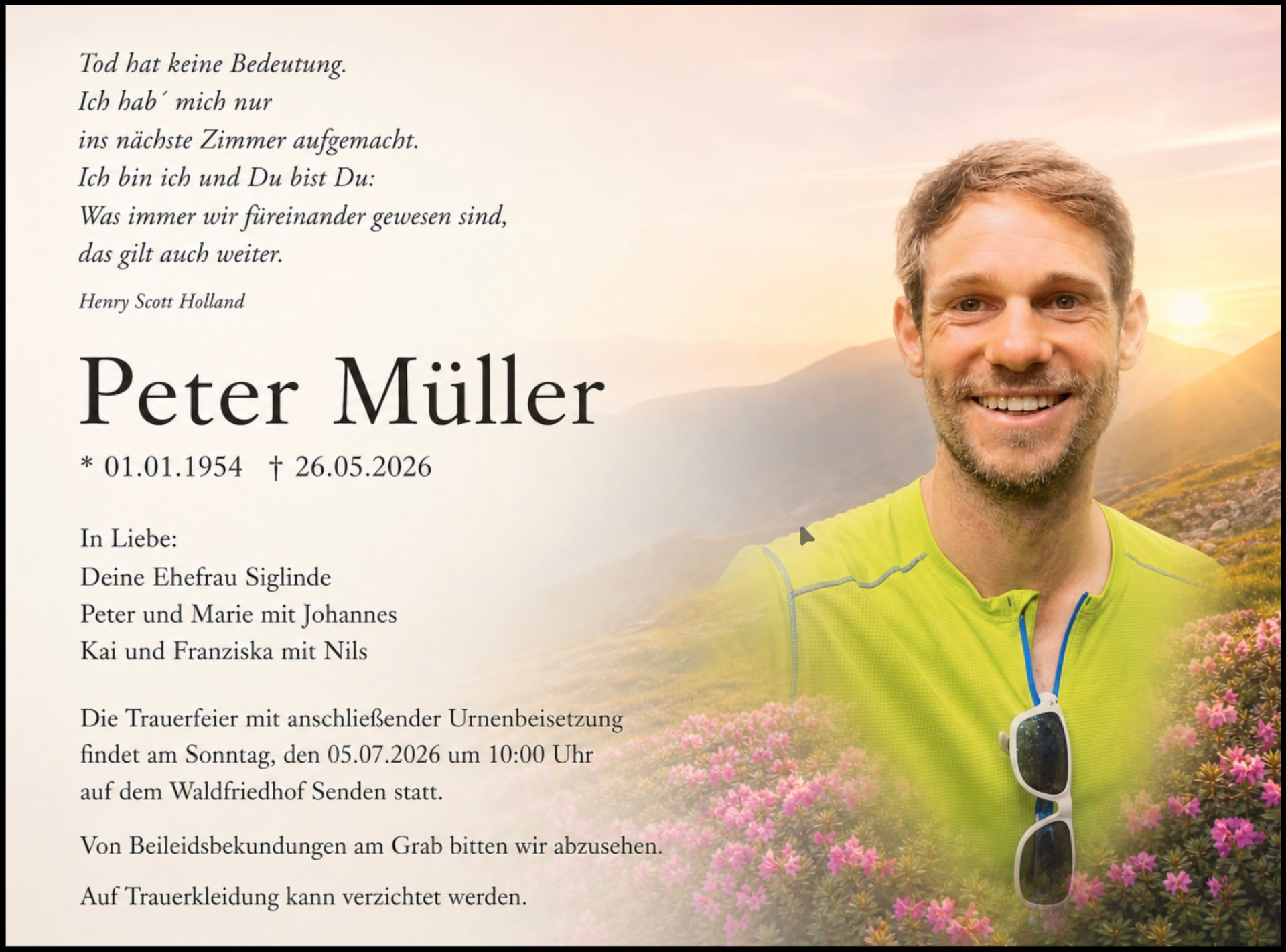 Beispiel einer modernen Traueranzeige mit Portraitfoto