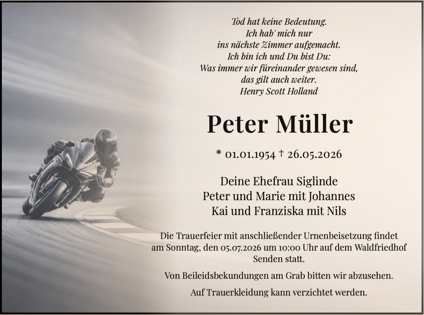 Beispiel einer klassischen Traueranzeige mit Motiv-Hintergrund